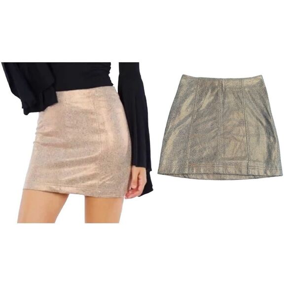 Free People Modern Femme Metallic Rose Gold Crackle Suede Mini Skirt Size 2 - Picture 1 of 11